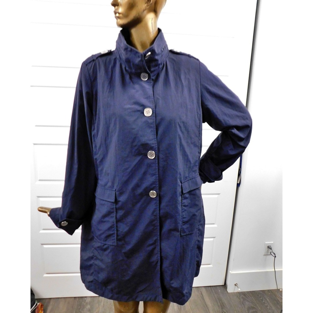 JANE POST Navy Blue‎ Silver Button Snake Hood Rain Trench Coat Jacket sz L